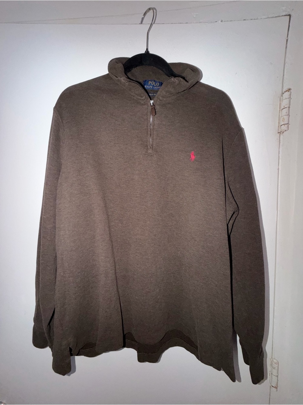 Ralph Lauren Brown Hooded Quarter-Zip Sweater with Pink Polo Logo